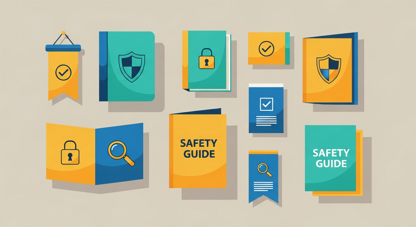 AI_IMAGE: A cheerful flat-design illustration of colorful safety guide pamphlets, brochures, and small banners arranged in a pleasing scattered layout on a plain putty-colored background matching hex DEDAD0. The illustrated materials feature bold teal, golden yellow, and blue covers with simple line-art icons of shields, padlocks, checkmarks, and magnifying glasses. Clean vector style with soft rounded shapes, no people, no photographic elements. Warm and inviting digital illustration with subtle drop shadows for depth. | illustration | landscape